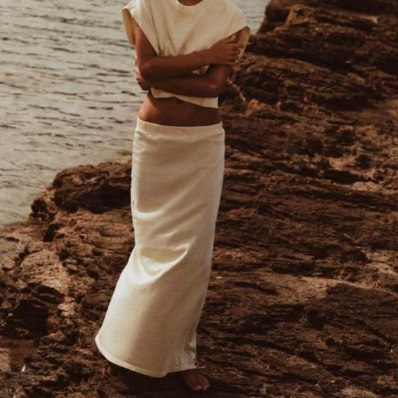 Zara NWT Butter Yellow thick 100% Cotton midi elastic waistband casual Skirt - Picture 3 of 5